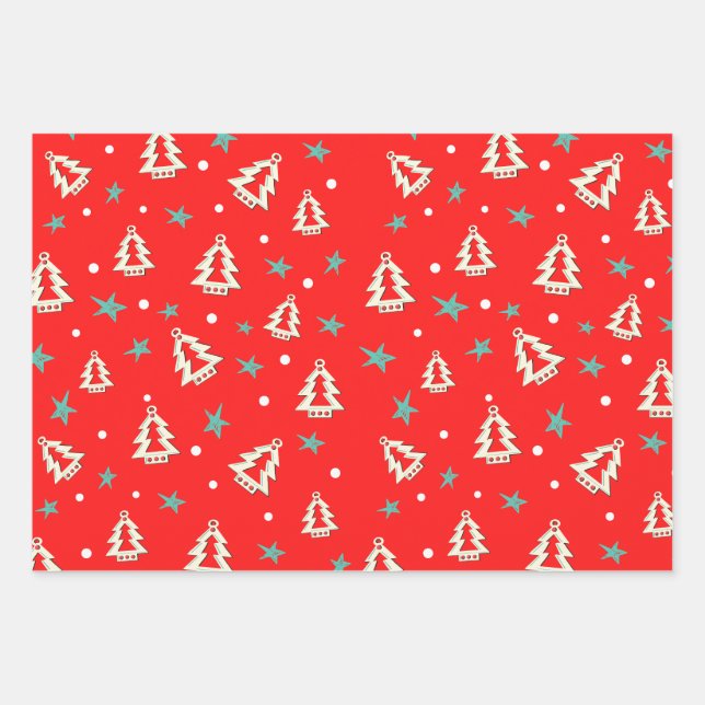 Red Blue Green Christmas Tree Stars Pattern  Wrapping Paper Sheet (Front)