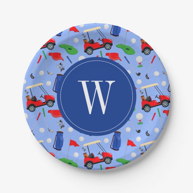 Red Blue & Green Golf Monogram Paper Plate (Front)