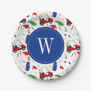 Red Blue & Green Golf Monogram Paper Plate