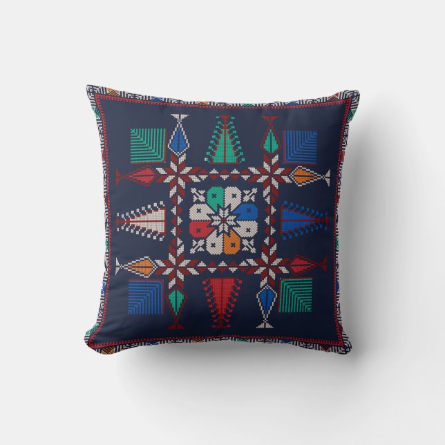 Red, Blue, Green,Orange tatreez Pattern Cushion (Front)