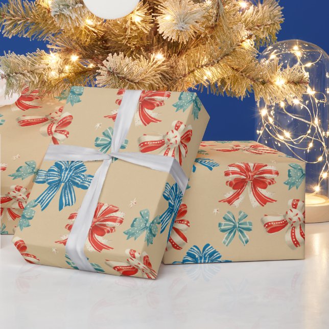 Red, Blue, Green, White Bow Pattern Wrapping Paper (Holidays)
