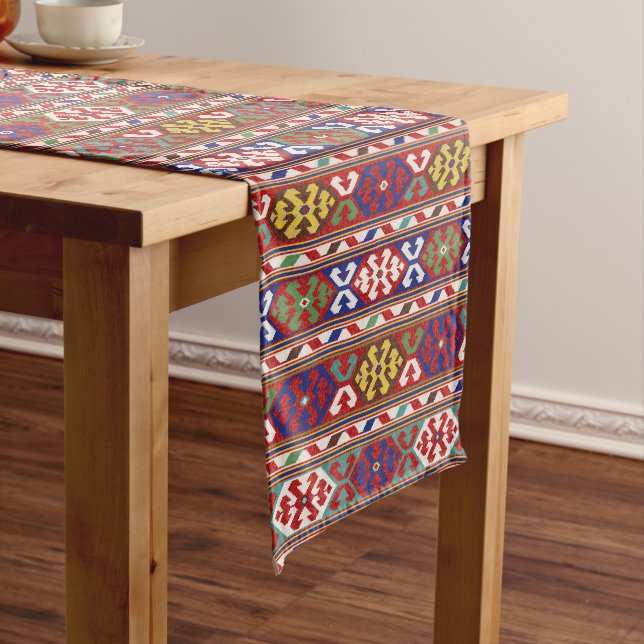 Red Blue Green Yellow White Oriental Kilim Rug Short Table Runner (In Situ)