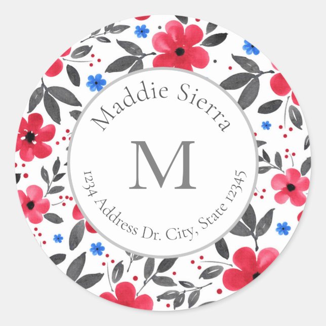 Red, Blue, Grey Watercolor Flowers labels (Front)