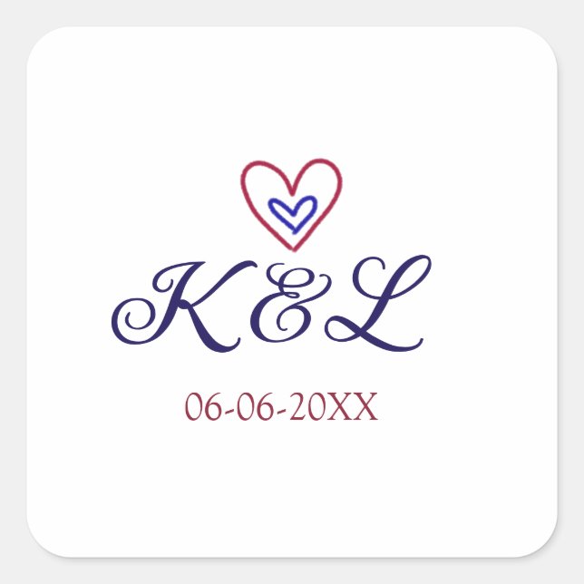 red blue heart couple name letter date modern past square sticker (Front)