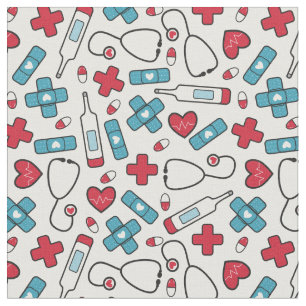 Red Blue Hearts Nurse Doctor Pattern Fabric