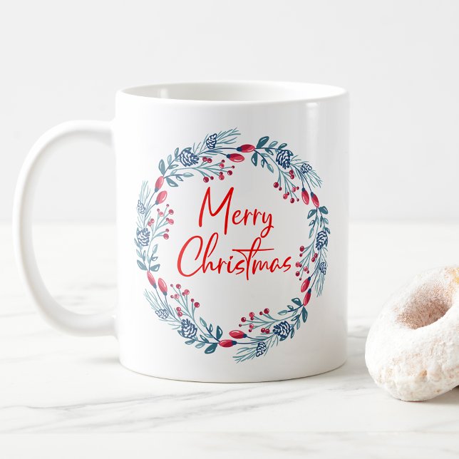 Red Blue Holly Leaves Wreath Merry Christmas Coffee Mug (Creator Uploaded)