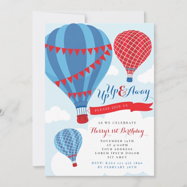 Red & Blue Hot Air Balloon Birthday Invitation (Front)