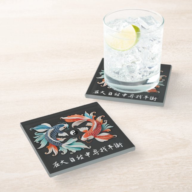 Red & Blue Koi Prosperity Yin Yang Glass Coaster (Angled)
