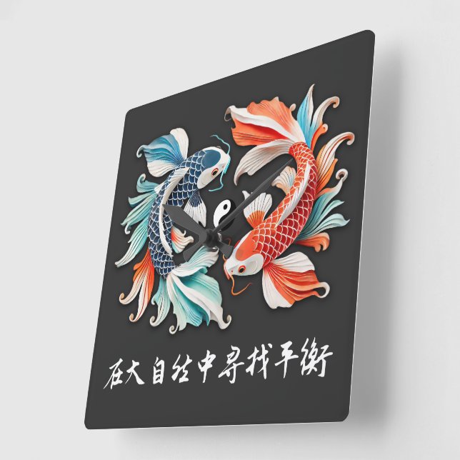 Red & Blue Koi Prosperity Yin Yang Square Wall Clock (Angle)