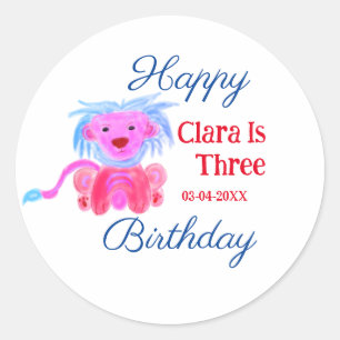 RED BLUE LION WILD ANIMAL BIRTHDAY THREE ADD NAME  CLASSIC ROUND STICKER
