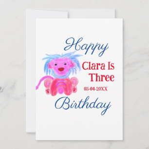 RED BLUE LION WILD ANIMAL BIRTHDAY THREE ADD NAME HOLIDAY CARD