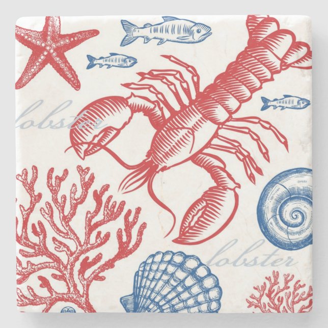 Red Blue Lobster Coral & Shells Stone Coaster (Front)