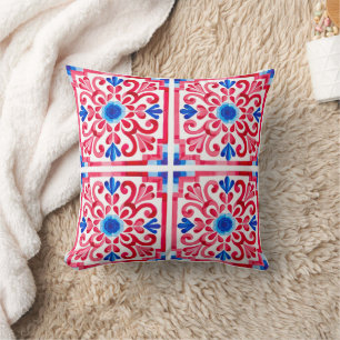 Red & Blue Mexican Traditional Floral Talavera  Cushion