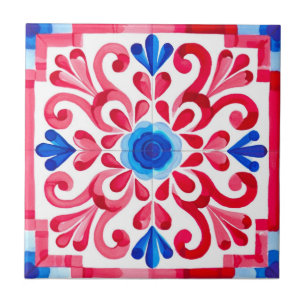 Red & Blue Mexican Traditional Floral Talavera  Tile