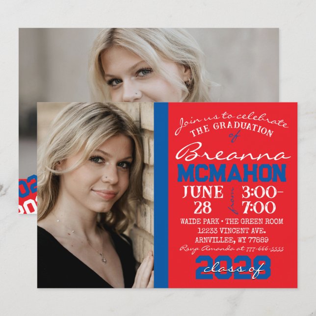Red & Blue Modern Graduation 2 Photo Invitation (Front/Back)