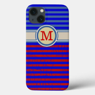 red blue monogrammed stripes iPhone 13 case