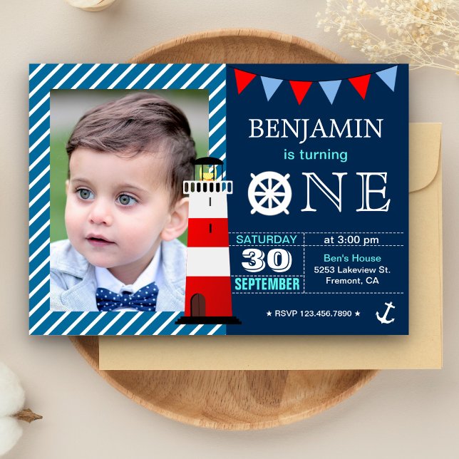 Red Blue Nautical Baby Boy 1st Birthday Party Invitation (Creator Uploaded)