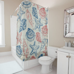 Red Blue Nautical Map Seashells Shower Curtain