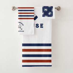 Red & Blue Nautical Oars Crab Striped Lake House Bath Towel Set
