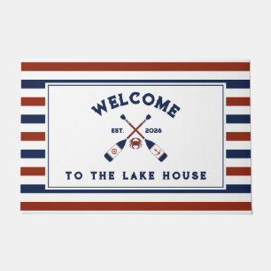 Red & Blue Nautical Oars Crab Striped Lake House Doormat