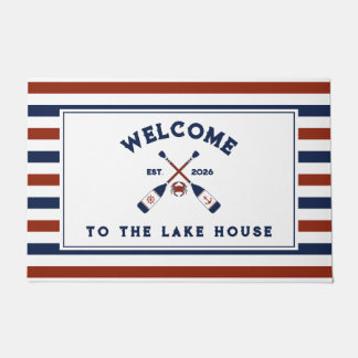 Red & Blue Nautical Oars Crab Striped Lake House Doormat