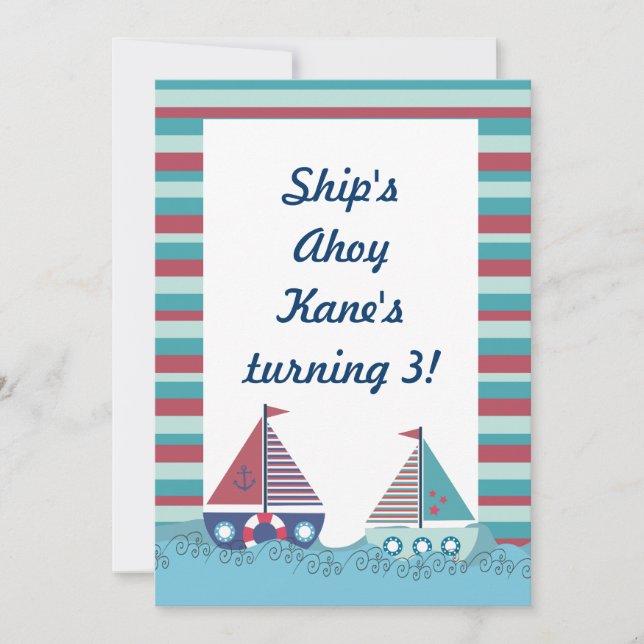 Red Blue Nautical Sailing Boat Birthday Invite (Front)