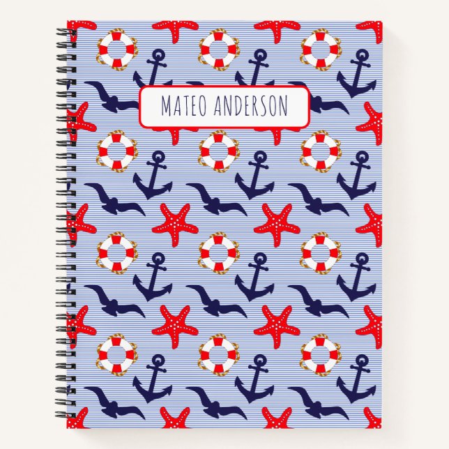  Red & Blue Nautical , Starfish & Seagull Custom Notebook (Front)