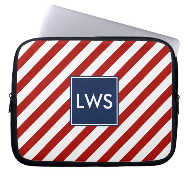 Red Blue Nautical Stripes Monogram Laptop Sleeve (Front)