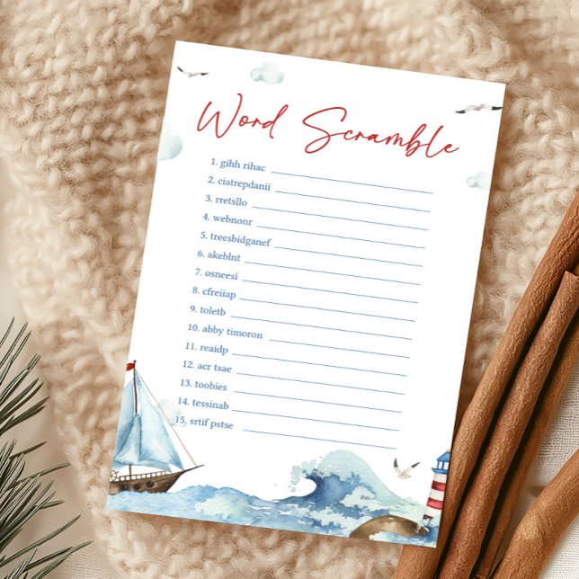 Red Blue Nautical Word Scramble Game (Ahoy It’s A Boy Baby Shower Word Scramble Game)