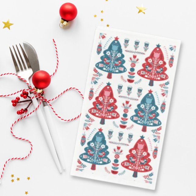 Red Blue Nordic Folk Art Christmas Tree Pattern Napkin (Creator Uploaded)