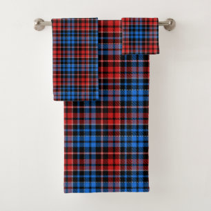 Red Blue On Black Plaid Tartan Design Bath Towel Set