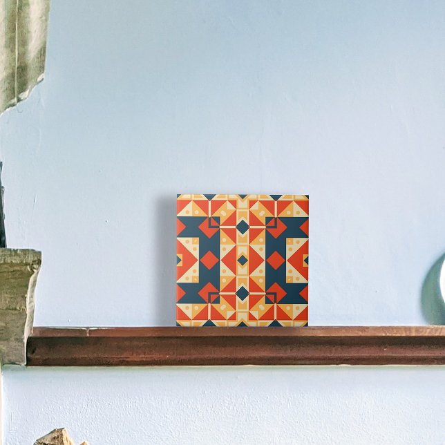 Red Blue Orange Geometric Moroccan Bohemian Mosaic Tile (Creator Uploaded)
