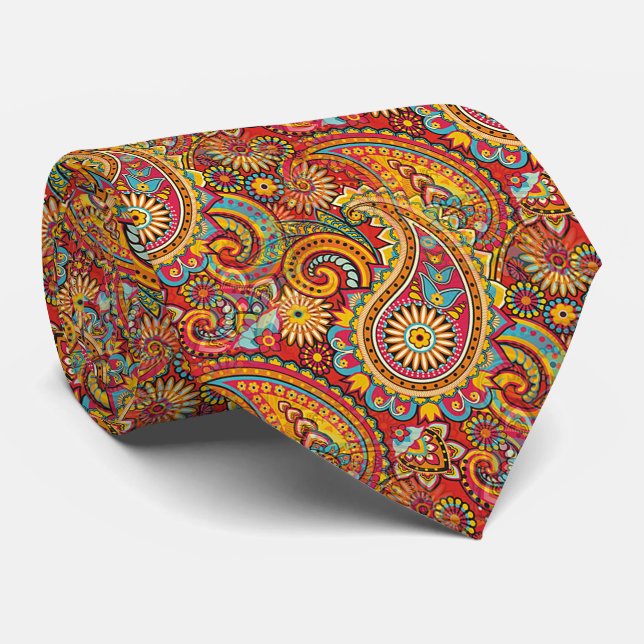 Red Blue Orange Yellow Gold Paisley Floral Pattern Tie (Rolled)