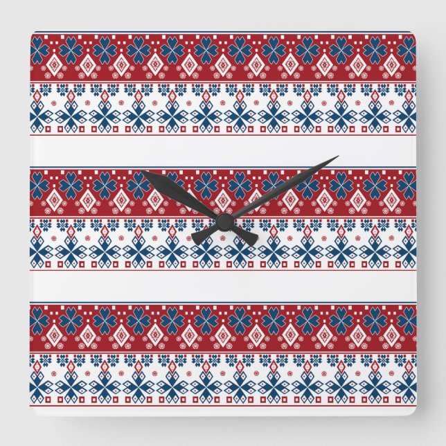 Red blue ornament square wall clock (Front)