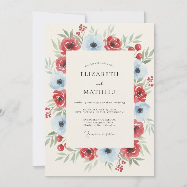 Red Blue Painterly Winter Wedding Invitation (Front)
