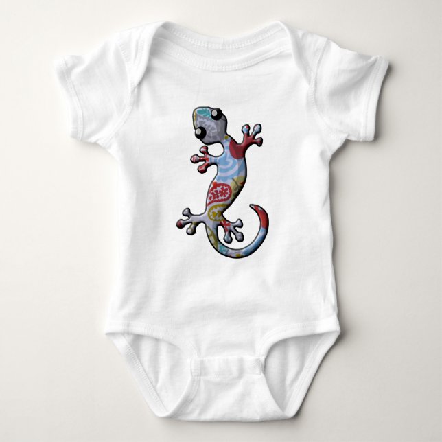 Red Blue Paisly Climbing Gecko Lizard Baby Bodysuit (Front)