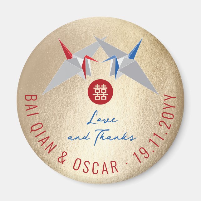 Red & Blue Paper Cranes Asian Wedding Party Favour Magnet (Front)