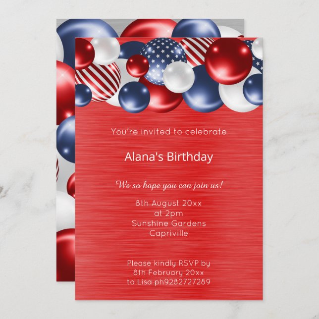 RED BLUE PATRIOTIC BALLOON  BIRTHDAY  INVITATION (Front/Back)