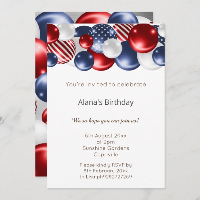 RED BLUE PATRIOTIC SILVER 2 BALLOON BIRTHDAY  INVITATION (Front/Back)