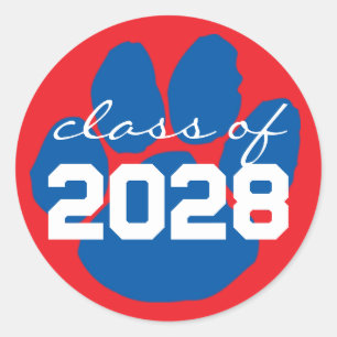 Red & Blue Pawprint Graduation Round Stickers