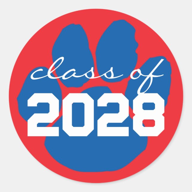 Red & Blue Pawprint Graduation Round Stickers (Front)