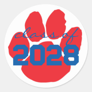 Red & Blue Pawprint Graduation Round Stickers