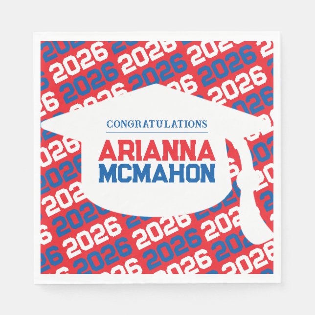Red & Blue Personalised Graduation Cap Paper Napkin (Front)