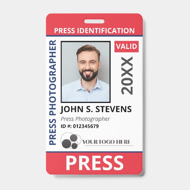 Red Blue Photo & Logo Press ID QR Code Badge (Front)