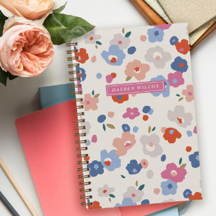 Red Blue Pink Grey Floral Spiral-Bound Notebook