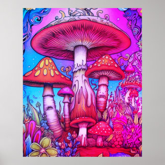 Red + Blue + Pink Whimsical Mushrooms On a Wall Poster