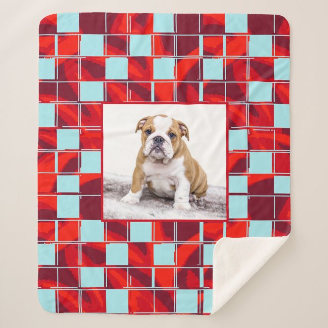 Red Blue Plaid Bulldog Dog Photo Sherpa Blanket (Front)