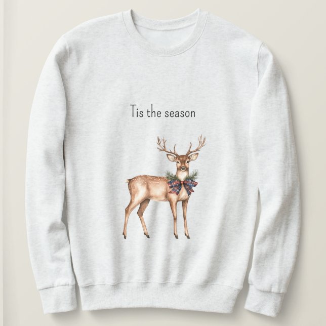 Red Blue Plaid Christmas Deer Sweatshirt (Design Front)