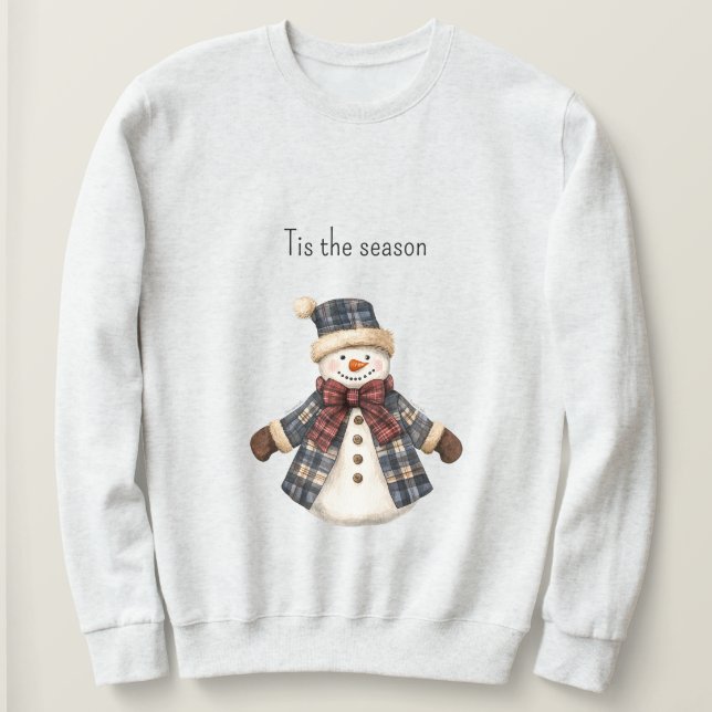 Red Blue Plaid Christmas Snowman Sweatshirt (Design Front)