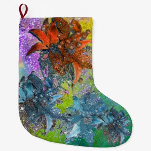 RED BLUE POINSETTIAS,CHRISTMAS STARS,GOLD SPARKLES LARGE CHRISTMAS STOCKING